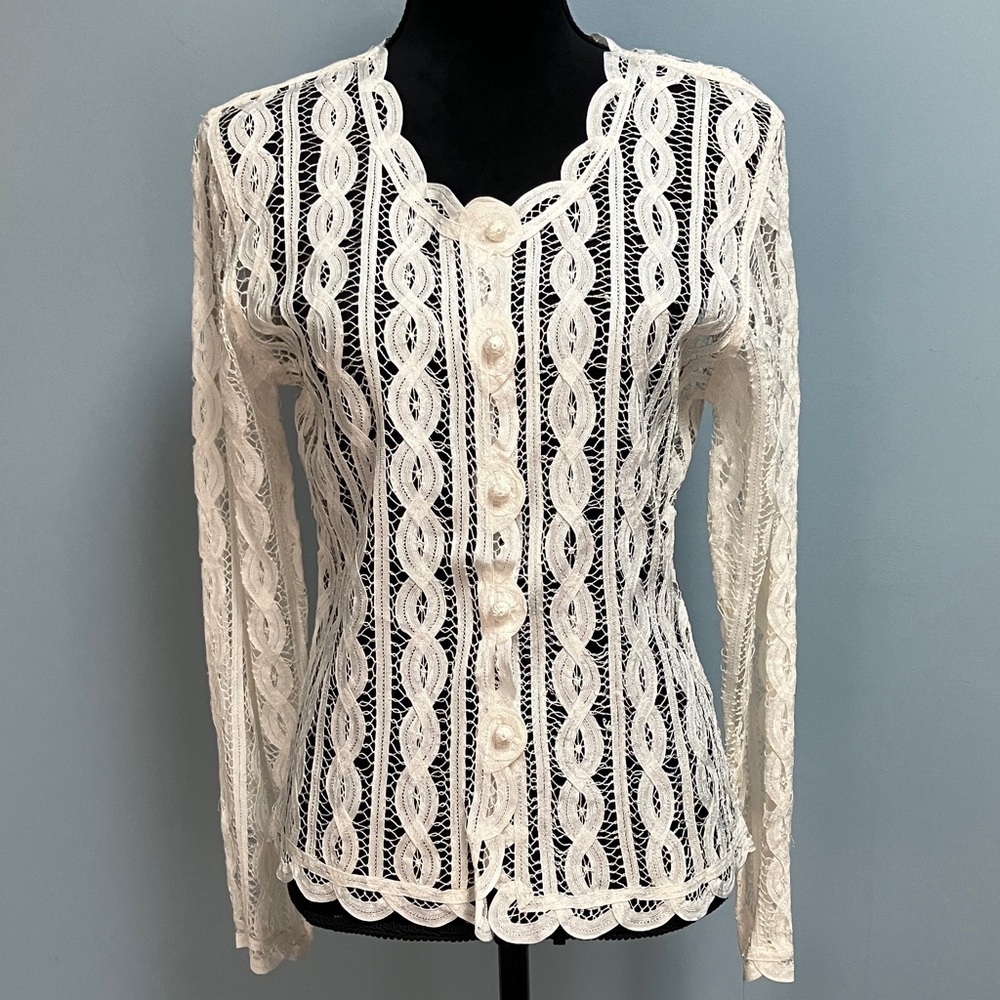 Sophie Chang Ivory Lace Openwork Button Front S Romantic Sheer Look Boho Blouse